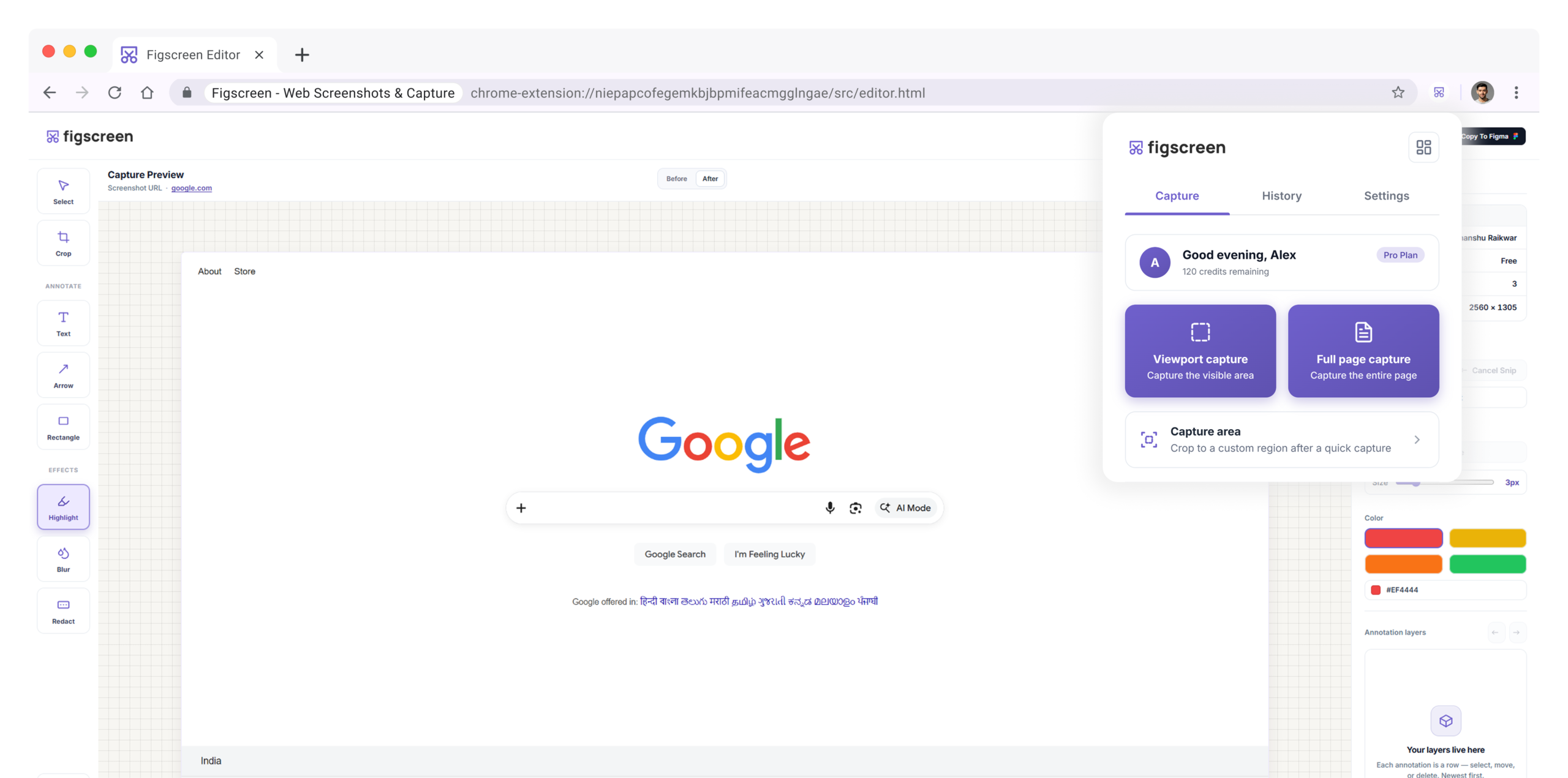 Figscreen Chrome extension open on the Capture tab.